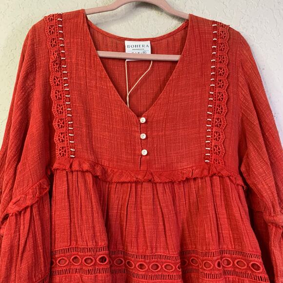 BOHERA Blouse XL Boho Shirred Ruffle Tiered Pinkilicious V-Neck Lace & Beads NWT - Picture 6 of 15